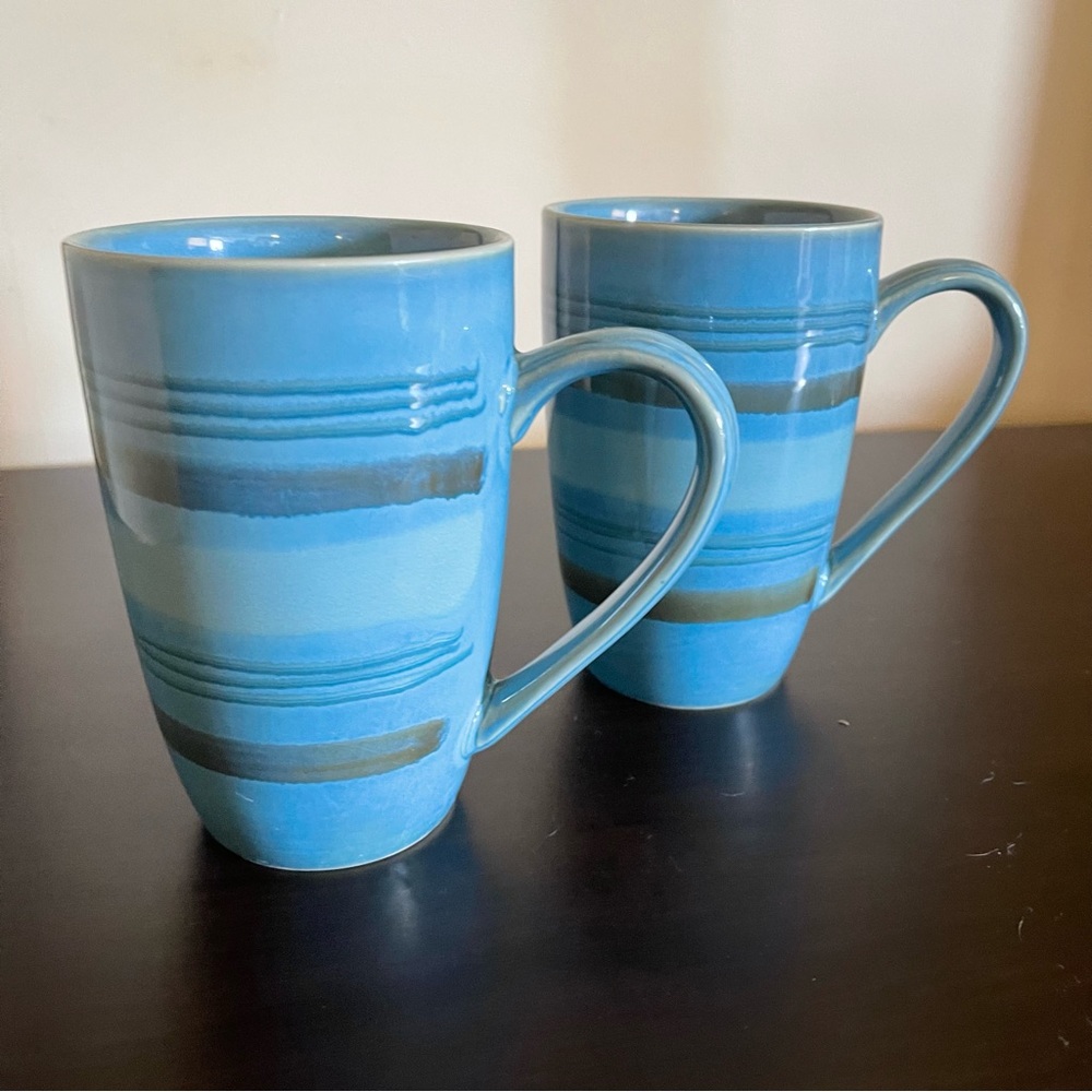 World Market Mugs Tall Glazed Blue Striped Set of Two 16 oz